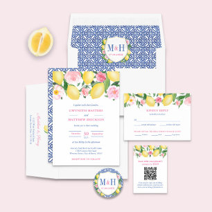 Positano Lemons Rosa Blommigt Blue Tile Bröllop Inbjudningar