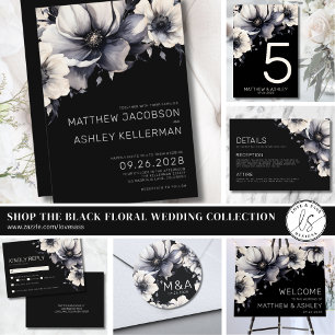 Stilren modern elegant blomster svart bröllop tack kort