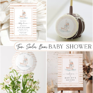 Sailor Bear Tan Rand Baby Shower Inbjudningar