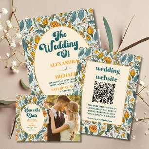 Photo Boho Chic Retro Colorful Blommigt Bröllop Tack Kort