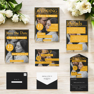 Elegant Magazine Cover Gult Modern Photo Bröllop Inbjudningar