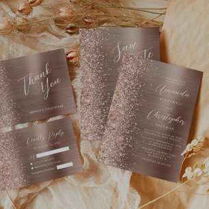 Ro Guld Glam Brushed Metall Glitter Bröllop Inbjudningar