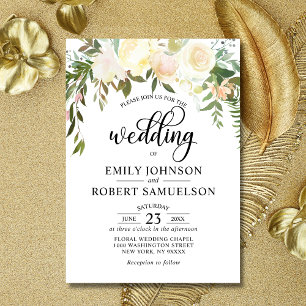 Watercolor Blommigt Rosa Cream Ivory Bröllop Inbjudningar