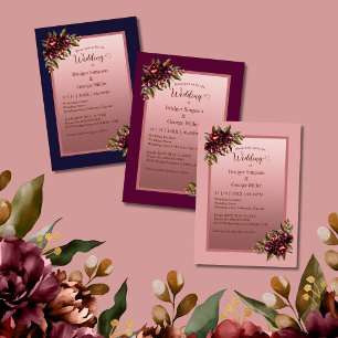 Navyblå Rosa Guld Script Burgunder Blommig Bröllop Tilläggskort
