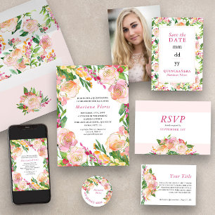 Blommigt Chic Rosa Guld Editable Quinceanera Photo Spara Datumet