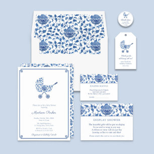 Kinoiserie Blue Barnvagn Baby Shower-favorittagg Presentetikett