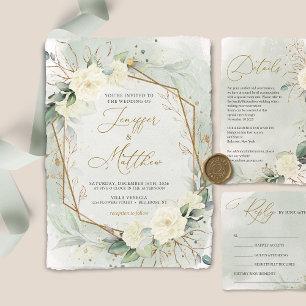 Eucalyptus Greenery Vit ros Guld Bröllop Inbjudningar