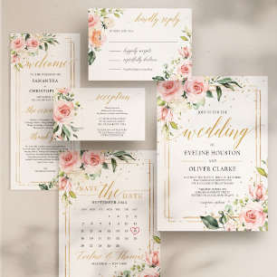 Modern Boho  rosa blommigt guld ram bröllop Inbjudningar