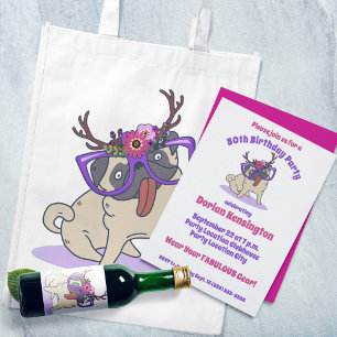 Cute Girly Boho Blommigt Pug Lila Glass Birthday Inbjudningar