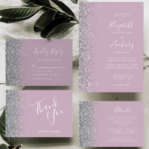 Modern Damig Dam Purple Silver Glitter Kant Bröllo Inbjudningar