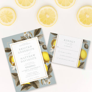 Botaniskt citron Lövs Bröllop Dusty Blue Inbjudningar