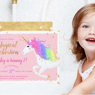 Magic Unicorn Birthday-inbjudan   Guld Rainbow Inbjudningar