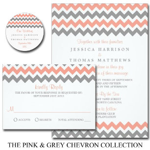 Modern Chevron Bröllop Collection- Rosa & Grått Inbjudningar