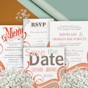 Modern Gul Orange Aqua Mint Paisley Bröllop Inbjudningar