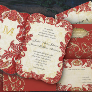 Röd, Lime & Orange Vintage Paisley Damask Bröllop Inbjudningar