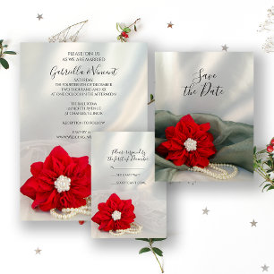 Red Poinsettia Pearls on Grönt Winter Wedding OSA Kort