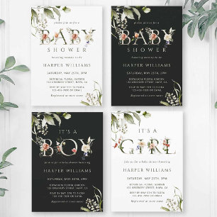Oliv grönt Blommigt Botaniskt babyskor för Brev Inbjudningar