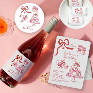 Whimsical röd rosa handritad födelsedagsfest vinflaska etikett
