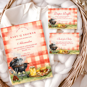 Röd Gingham Baby Q Babyfirande Inbjudningar