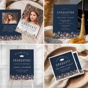 Boho Vildblomma Marinblå Foto Examensbevis Annonse Inbjudningar