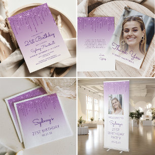 Foto Lila Glitter Drip Födelsedag Tack Kort
