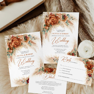 Terracotta har bränt orange, bränt blommigt eucaly inbjudningar