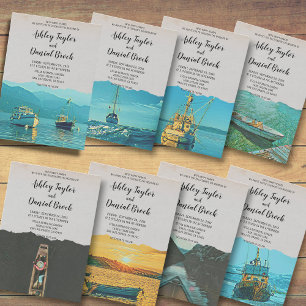 Vintagebåt marinblå vågor destination bröllop inbjudningar