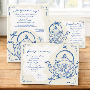Retro blue bows tekanna baby brinner Babydusch Tack Kort