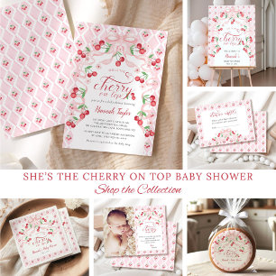 Cherry on Top Rosa Bow QR Code Baby Shower Inbjudningar
