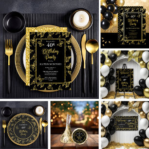 Elegant Black Guld Butterflies 40:e födelsedagen P Inbjudningar