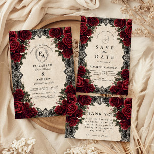 Mörk romantisk röd ros gotisk elegant bröllop spara datumet