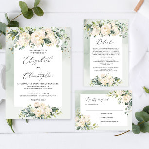 Vattenfärg eukalyptus vita rosor elopement inbjudningar