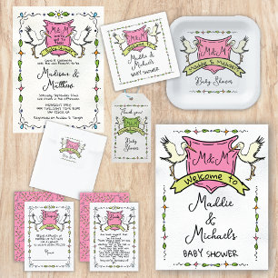 Handritad fantasifull Stork-vapen Baby Shower Inbjudningar