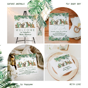 Safari Animal Jungle Grönt & Guld Baby Shower Inbjudningar