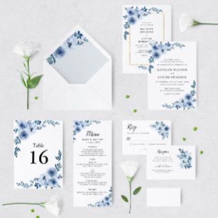 elegant ram blå blommigt bröllop inbjudningar