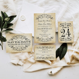 Vintage Rustic Black Flourish Parchment Bröllop Inbjudningar