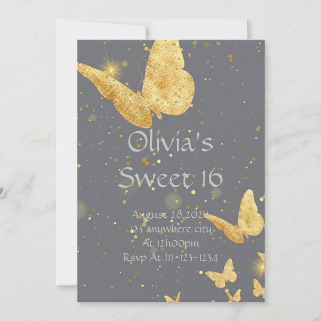 SVEET 16 BIRTHDAY INVITATION GULD SPARA DATUMET (Framsida)