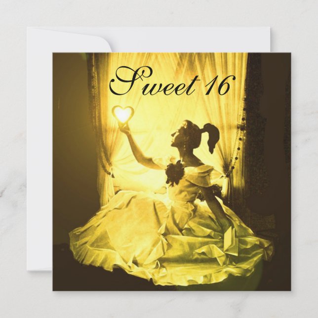 SVEET 16 FÖDELSEDAGSFESTER,GULT SVART VITT DAMASK INBJUDNINGAR (Framsida)