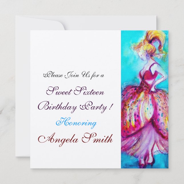 SVEET 16 FÖDELSEDAGSFESTER Röd Rosa Blå turkos Inbjudningar (Framsida)