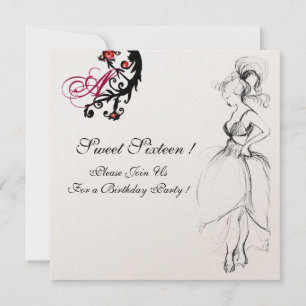 SVEET 16 FÖDELSEDAGSFESTERS MONOGRAM Red Black Swi Inbjudningar