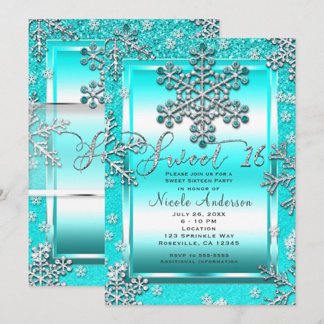 SVEET 16 Party Teal Glitter Glam Winter Snöflingor Inbjudningar (Fram/baksida)