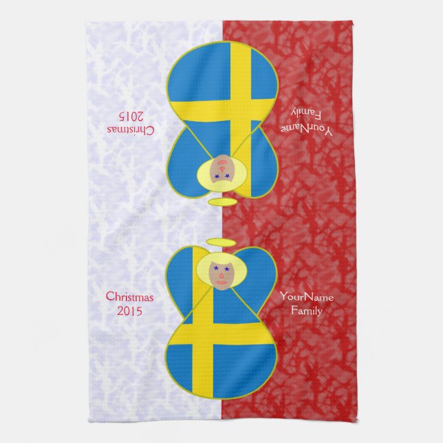 Svensk ängels flagga på röd och vit personlig  kökshandduk (Vertikal)