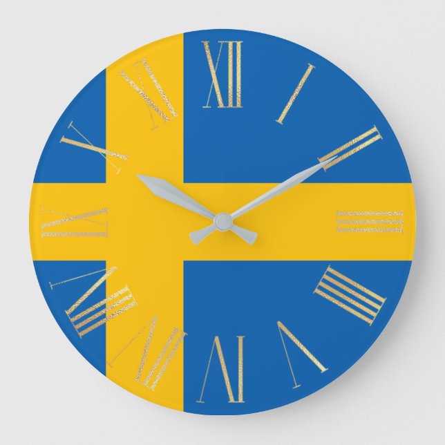 Svensk flagga med gyllene romerska siffror stor klocka (Framsida)