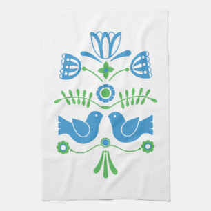 Svensk folkart Blue Birds and Flowers Kökshandduk