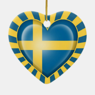 Svensk hjärtaflagga med stjärnabristning julgransprydnad keramik