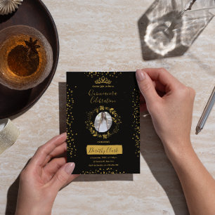 Svensk Svart och Guld Akvarell Quinceañera Inbjudningar