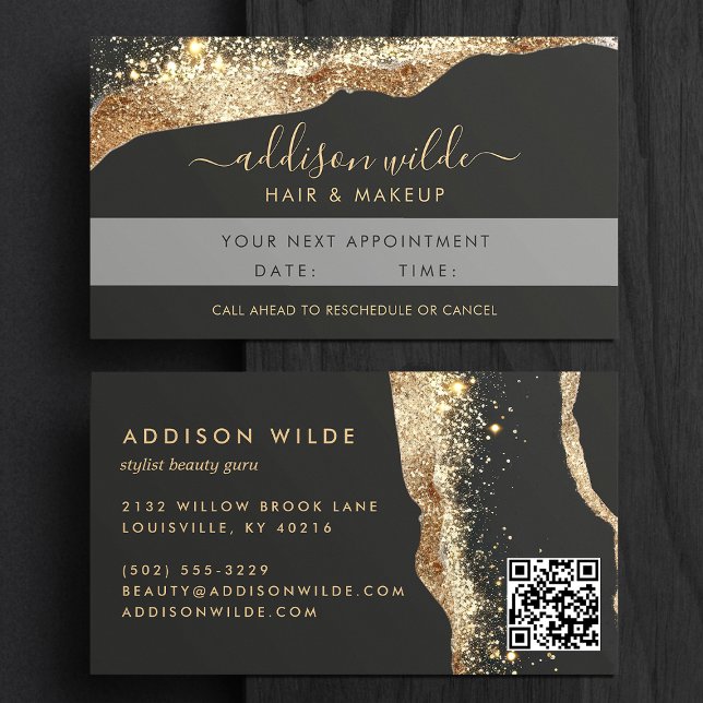 Svensk Svart Och Guld Glitter Script QR-kod Tidsbeställning Kort (Skapare uppladdad)