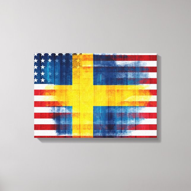 Svenska Amerikanska Flagga | Träbets- och färgstre Canvastryck (Framsida)