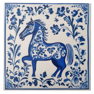 Svenska Dala-hästen Blue och White Nouveau-keramik Kakelplatta