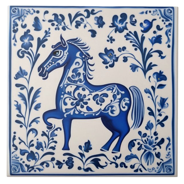 Svenska Dala-hästen Blue och White Nouveau-keramik Kakelplatta (Framsidan)